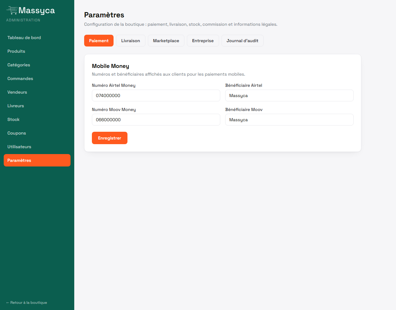 Configuration des numéros Mobile Money dans l'administration Massyca
